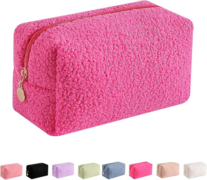 JOVAKIT Travel Makeup Bag Cosmetic Bag for Women, Fashion Christmas Gifts, Plush Zipper Make Up Pouch, Large Capacity Toiletry Organizer Makeup, Portable Storage Bag Trendy Stuff (Rose Red)