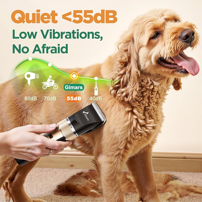 Gimars Cordless 4 Speed 7000rpm Dog Clippers with 6 in 1 4CR Stainless Steel Dog Grooming Scissors Kits, Low Noise 55db Rechargeable Pet Hair Thick Coat Trimmer Cat Shaver Clippers Kit for Cat Pet