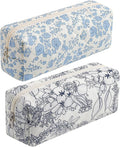 Cute Floral Cotton Makeup Brush Cosmetic Bag for Women, Travel Quilted Zipper Make Up Bag, Flowers Toiletry Organizer Case Kawaii Makeup Cosmetic Travel Cloth Pouch (Blue+Navy Blue)