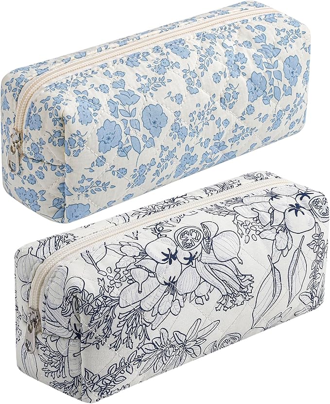 Cute Floral Cotton Makeup Brush Cosmetic Bag for Women, Travel Quilted Zipper Make Up Bag, Flowers Toiletry Organizer Case Kawaii Makeup Cosmetic Travel Cloth Pouch (Blue+Navy Blue)