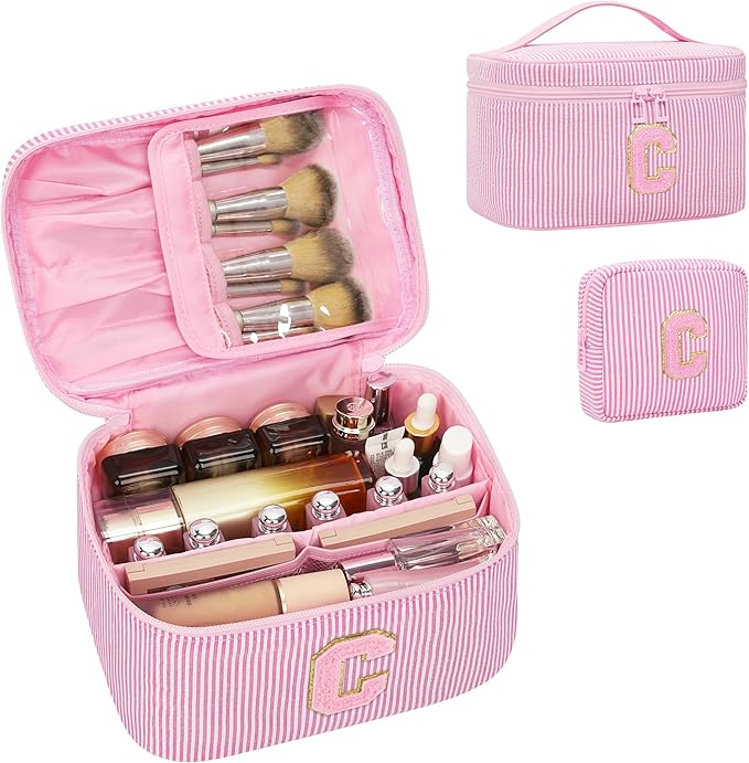 Personalized Initial Makeup Bag| Toiletry Bag for Girls&Women,Make Up Case for Girlfriend Bridesmaid Wife,Birthday Gift for Her Cute,2PCS,Pink C