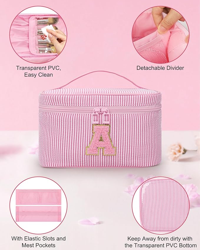 Personalized Initial Makeup Bag| Toiletry Bag for Girls&Women,Make Up Case for Girlfriend Bridesmaid Wife,Birthday Gift for Her Cute,2PCS,Pink C
