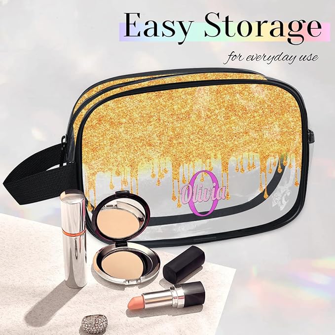 Personalized Clear Makeup Bag with Name, Best Friends Teen Women Mom Birthday Gift PVC Cosmetic Toiletry Travel Bag for Toiletries, Gold Color Bling Glittering