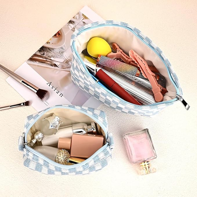 Travel Makeup Bag, Checkered Cosmetic Bag Make Up Organizer Case for Women, Small Toiletry Bag Skincare Pouch for Toiletries Accessories Brushes, 2PCS