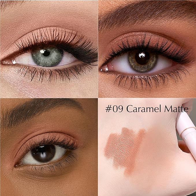 Eyeshadow Stick, Caramel Matte Cream Eyeshadow Long-Lasting Crease-Proof Neutral Eye Shadow Eyeliner Pencil High Pigmented Highlighter Makeup Crayon with Blending Brush & Built-in Sharpener