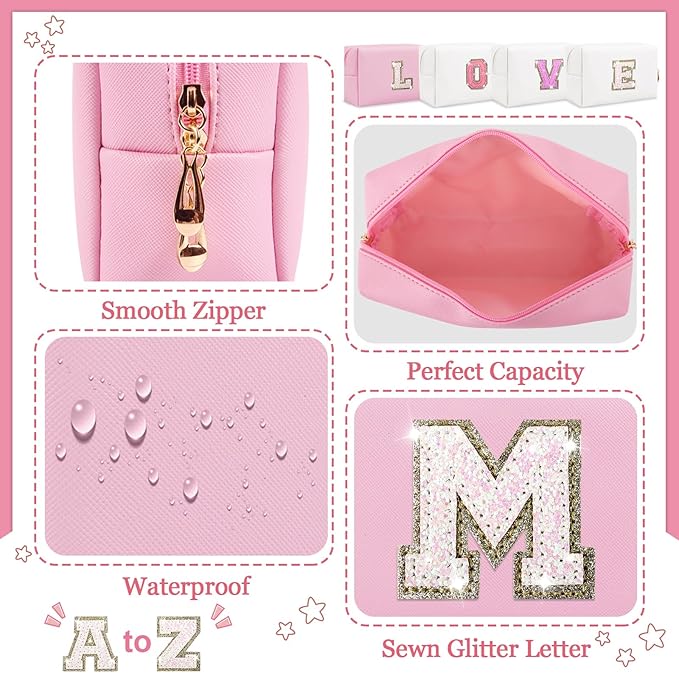 Initial Letter Patch Makeup Bag, Small Preppy A-Z Glitter Letter Cosmetic Bag, PU Leather Waterproof Travel Toiletry Bag,Cute Make Up Pouch Personalized Monogrammed Gift for Women Teen Girls(Letter M)