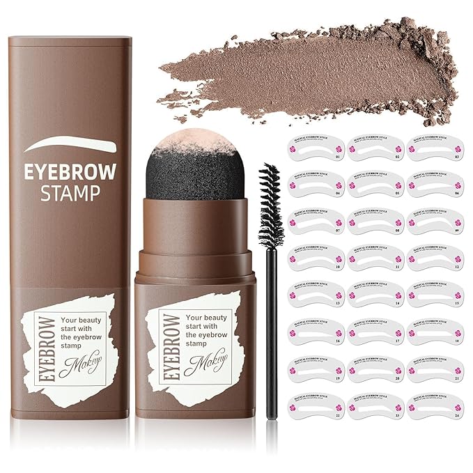 Eyebrow Stamp Stencil Kit - Long-Lasting Eyebrow Powder with Brush, Waterproof & Smudge-Proof Brow Shaping Kit with 24 Reusable Thin & Thick Eyebrow Stencils for Voluminous Brow (Medium Brown)