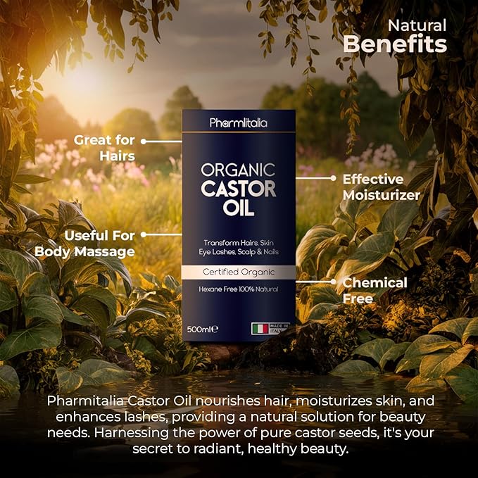 Caster Oil Organic Cold Pressed Unrefined Glass Bottle - Organic Golden Castor Oil for Face, Scalp, Eyelashes, Skin Care and Nails - Aceite De Castor Organico Puro - 500ml