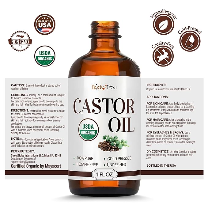 BodyJ4You Organic Castor Oil for Hair Growth: Natural Eyelashes Serum for Lashes and Eyebrows - Glass Bottle 1 Fl Oz