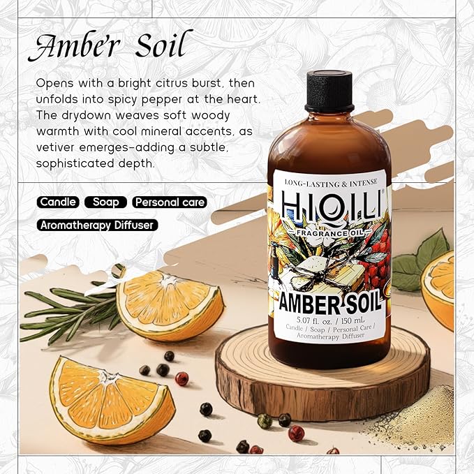 HIQILI Amber Soil Fragrance Oil for Diffuser, Perfume & Hair Perfume Mist Making - Citrus, Pepper & Woody Notes, Long-Lasting Scent - 5.07 Fl Oz