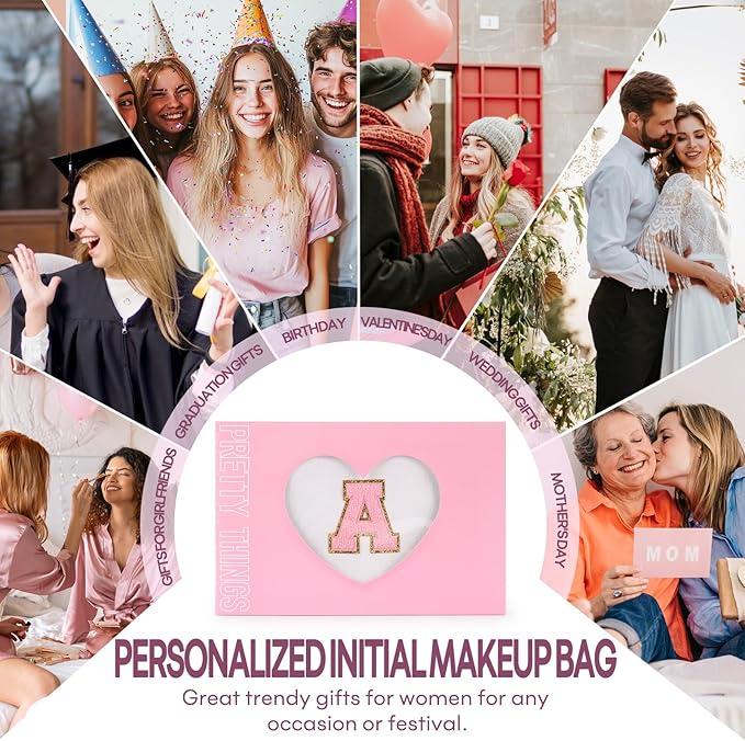 2 PCS Initial Makeup Bags for Women: Cosmetic Bag for Travel Toiletry - Birthday Gifts for 11 12 13 14 15 16 17 18 Years Old Girl Graduation Teacher Gift- Teen Girl Gifts Trendy Stuff - White K