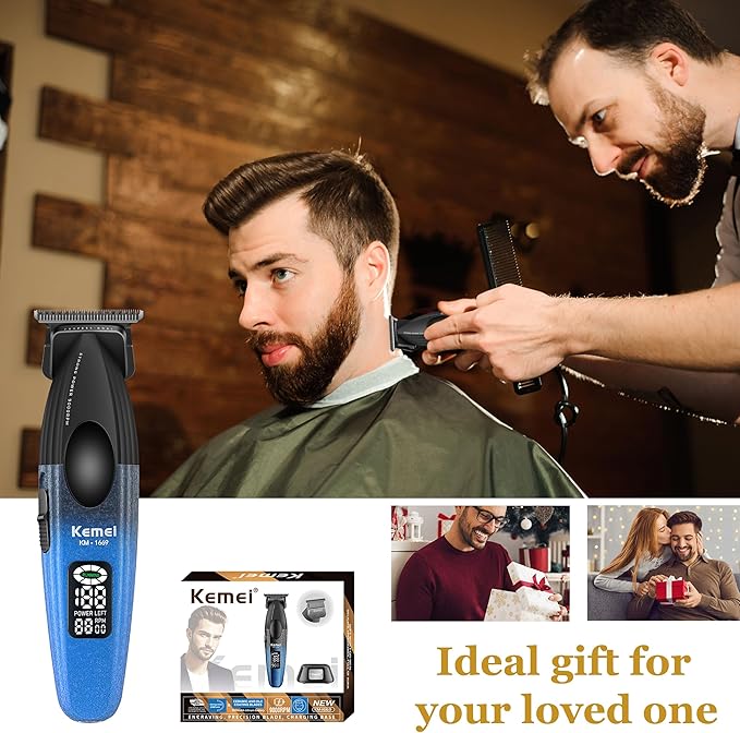 KEMEI 1669 Beard Trimmer for Men, Cordless Hair Trimmers with LED Display, 9000 RPM Hair Clippers for Barber with Charging Base, DLC Coated T-Blade