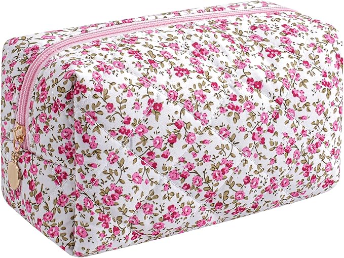 JOVAKIT Square Makeup Bag Cute Cosmetic Bag for Women, Floral Coquette Aesthetic Toiletry Bag, Zipper Make Up Pouch, Travel Make Up Organizer Bag (Red Floral)