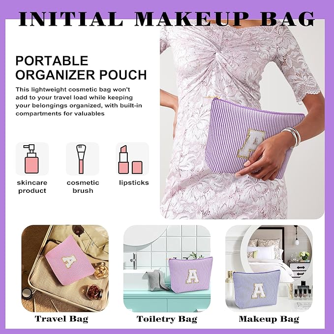 Small Makeup Bag for Purse - Travel Makeup Bag Set, Initial Make up Bag Organizer Makeup Pouch, Purple Preppy Stuff Birthday Gifts for Women Travel Essentials, Purple Letter H
