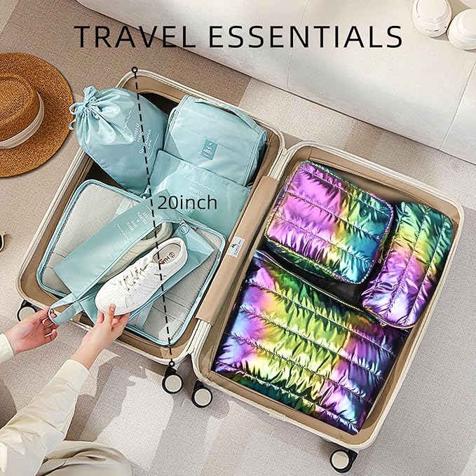 Hiroyuki Iridescent Quilted Makeup Bag, 3pcs Cute Makeup Bag Set, Large Capacity Cosmetic Organizer Travel Toiletry Pouch (plain, rainbow)
