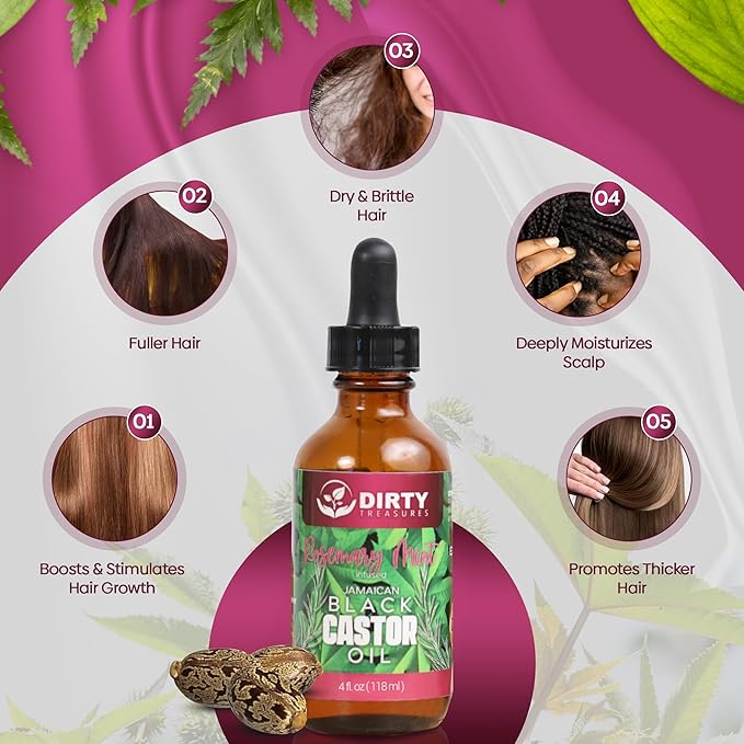 Dirty Treasures Rosemary Mint Castor Oil for Hair Growth and Scalp Treatment | Jamaican Black Castor Oil Hair Growth Oil (4 Ounce)