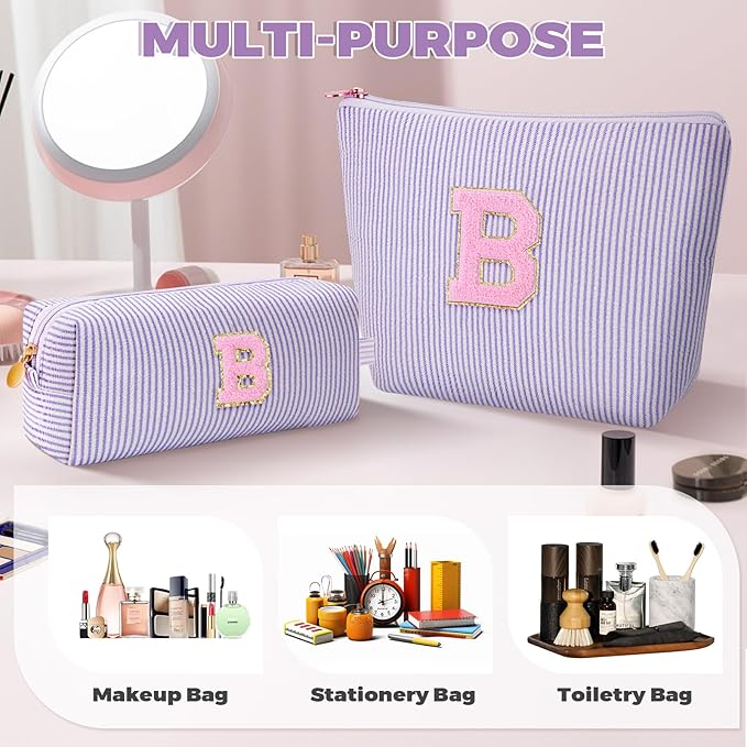 Bridesmaid Gifts Wedding Day - Bridal Shower Gifts,Maid of Honor Gifts,Initials Makeup Bag Set Cosmetic Bag - Lavender,B