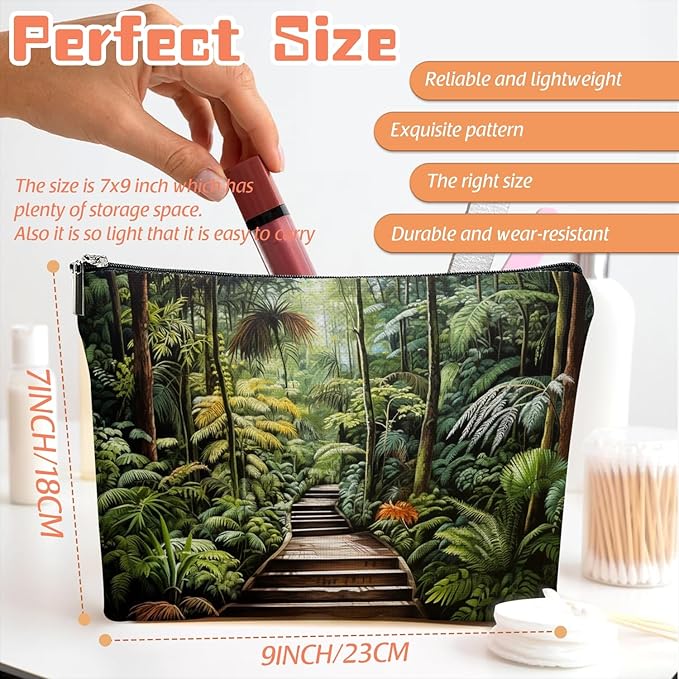 Makeup Bag Travel Cosmetic Bags Small Makeup Case Waterproof Zipper Pouch for Women Girls 7X9inches - Tropical Rainforest Walkway Surrounded By Foliage