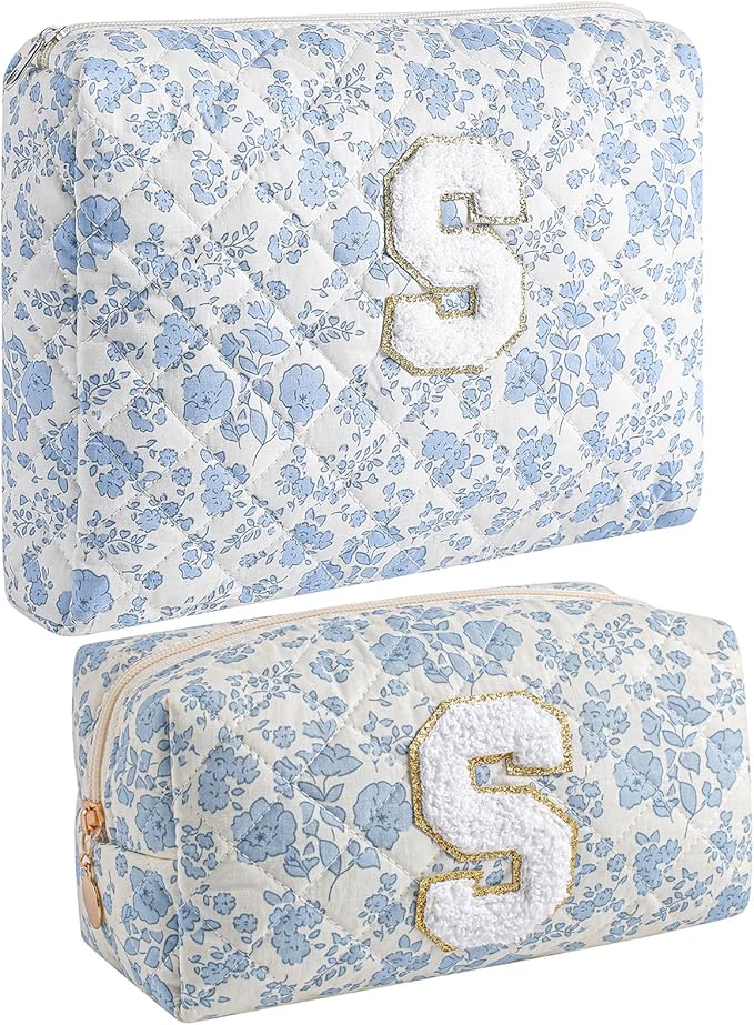 JOVAKIT Alphabet Makeup Bag Cosmetic Bag for Women, Christmas Gifts for Girls Age 6-18, Floral Flowers Coquette Travel Toiletry Zipper Make Up Pouch Organizer Trendy Stuff (2Pcs Blue Floral S)