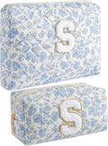 JOVAKIT Alphabet Makeup Bag Cosmetic Bag for Women, Christmas Gifts for Girls Age 6-18, Floral Flowers Coquette Travel Toiletry Zipper Make Up Pouch Organizer Trendy Stuff (2Pcs Blue Floral S)