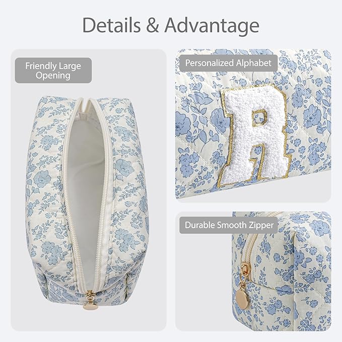 Gleyemor Personalized Initial Makeup Bag for Women, Cute Quilted Blue Floral Cotton Cosmetic Bag, Christmas Gifts for Her Mom Friend Sister Bridesmaid Teacher Women R