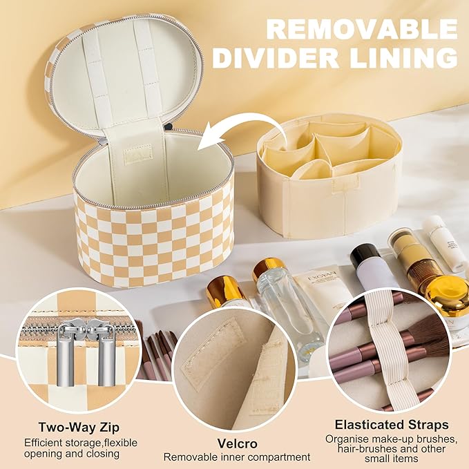 Makeup Bag Vanity Case Cosmetic Bag with Removable Divider Travel Toiletry Bag for Women Portable Make up Box Organizer, Beige and White