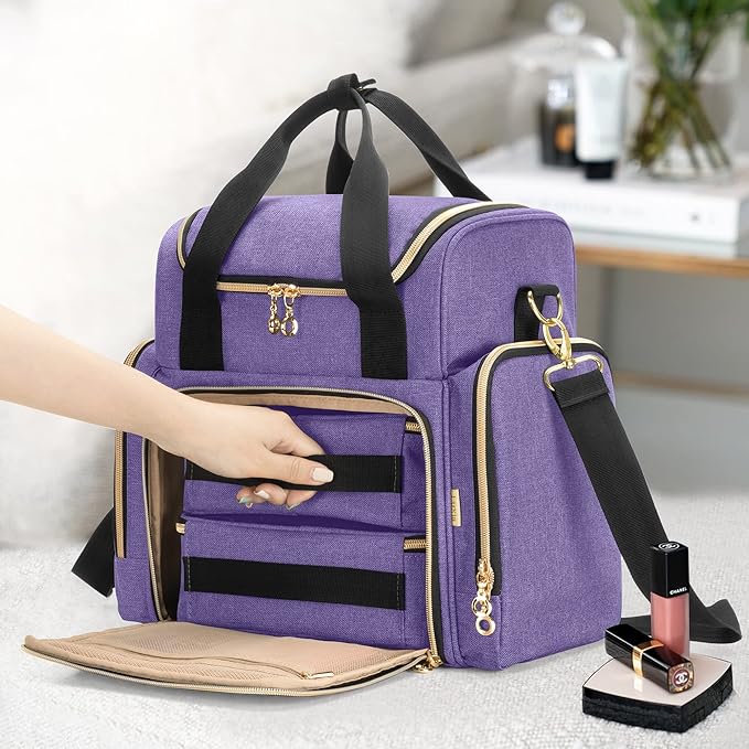 LUXJA Travel Makeup Bag with 2 Removable Cases, Cosmetic Bag with Multiple Storage Sections (Patent Pending), Purple