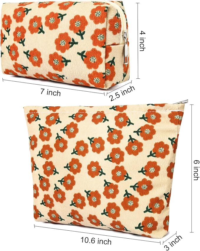 SOIDRAM 2 Pieces Flower Makeup Bag Large Corduroy Cosmetic Bag Capacity Canvas Mix Travel Toiletry Bag Organizer Cute Makeup Brushes Aesthetic Accessories Storage Bag for Women, Flower Mix Orange