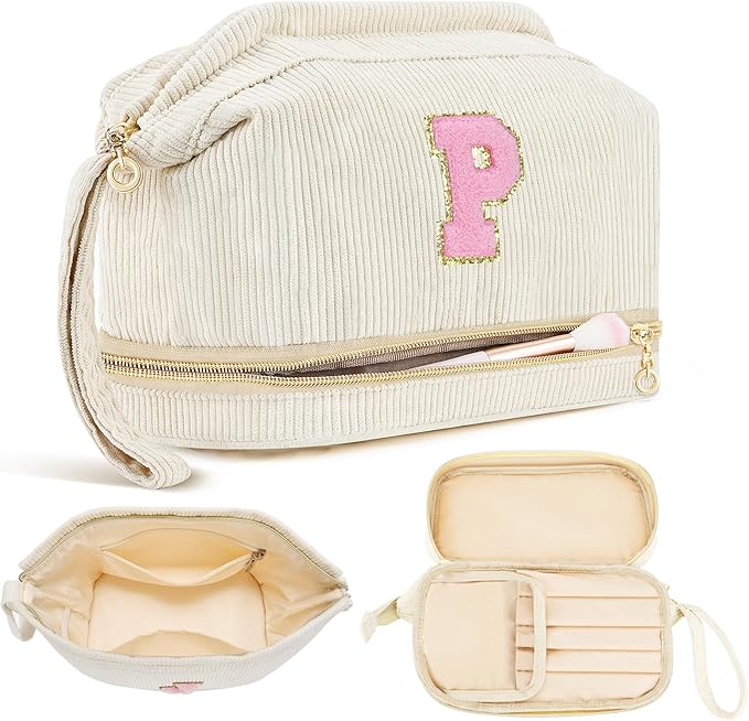 Makeup Bag for Girls Gift, Personalized Christmas Gifts Initial Women Makeup Bag for Travel, Double Layer Cosmetic Bag with Brush Organizer Preppy Make up Bag for Teen Girl Trendy - P