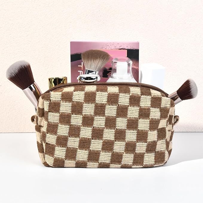 SOIDRAM Checkered Makeup Bag Preppy Cosmetic Bag Bulk Brown Makeup Pouch Personalize Travel Toiletry Bag Organizer Cute DIY Makeup Brushes Storage Bag for Women