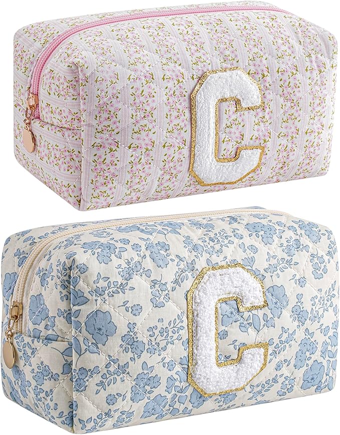 JOVAKIT Makeup Bag Cosmetic Bags for Women, Christmas Gifts for Girls Age 6-18, Alphabet Pink Floral Coquette Zipper Travel Makeup Pouch, Organizer Case Trendy Stuff (Pink+ Blue C)