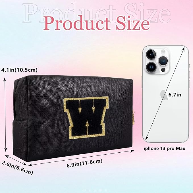 Small Personalized Letter Makeup Bag, Cute PU Leather Chenille Letters Cosmetic Bag Travel Makeup Pouch, Preppy Travel Organizer Zipper Pouch for Women&Girls（Black-W）