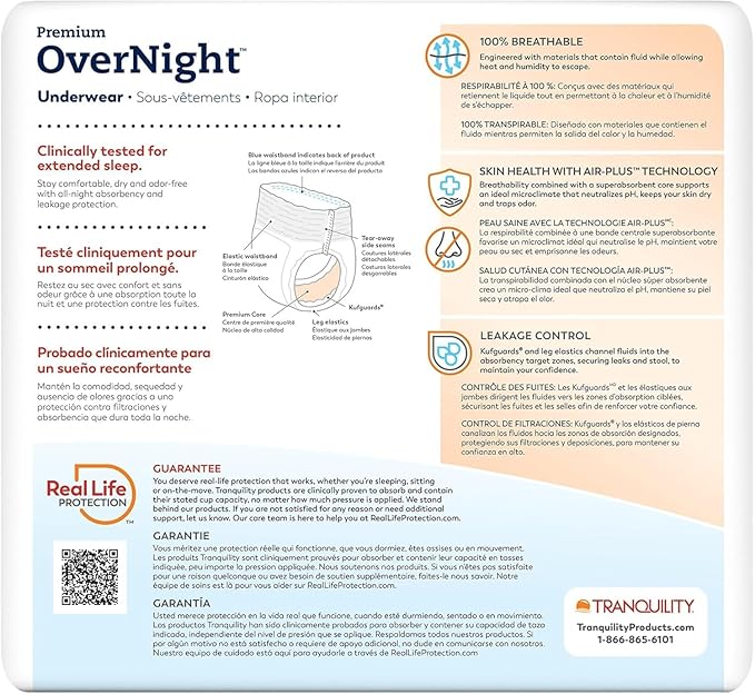 Tranquility Premium Overnight Disposable Absorbent Underwear (18 Count) - M, 34-48 in. Waist - Maximum Absorbency, All-Night Sleep, Breathable Comfort, Adult Diapers