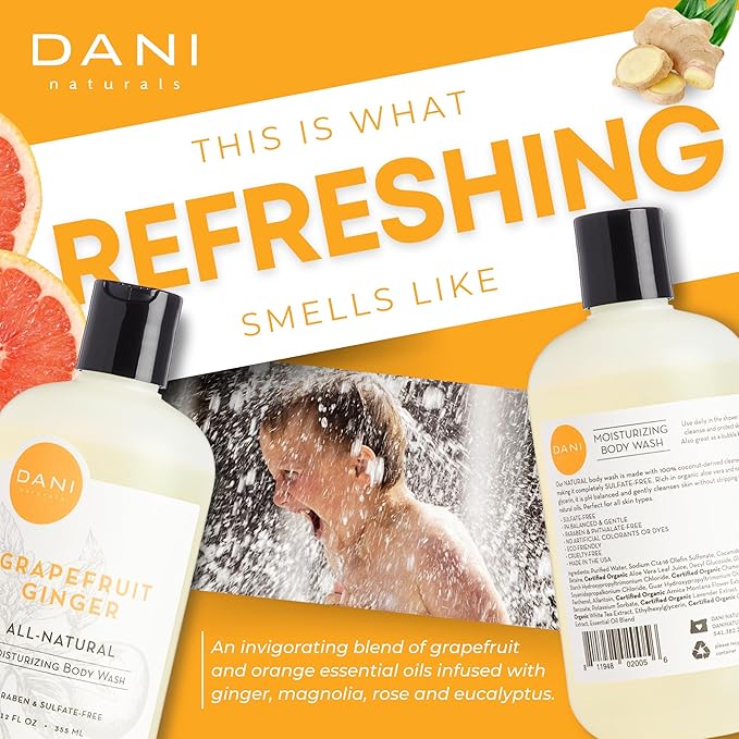 DANI Naturals Moisturizing Body Wash - Grapefruit Ginger Scent, Organic Aloe Vera & Glycerin, Sulfate-Free, Vegan, pH-Balanced, 12 oz - Refreshing, Moisturizing Shower Gel for Soft Skin