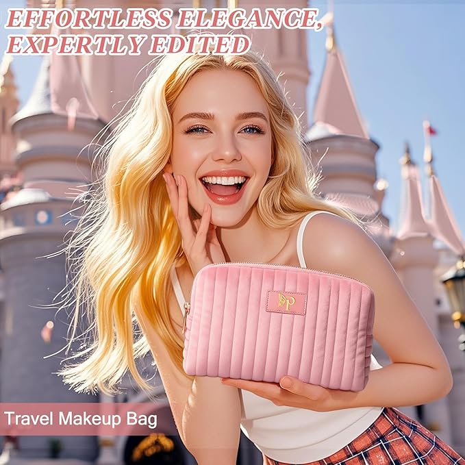 Monogrammed Make Up Bags for Women,Personalized Cosmetic Bags Women,Small Quilted Makeup Pouch,Cute Makeup Bag Travel,Birthday Gifts for Teen Girl (Pink P)