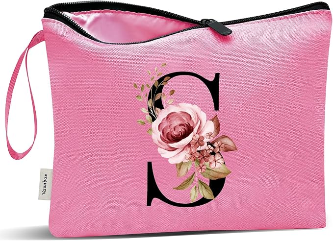 Vavabox A-Z Personalized Makeup Bag, Birthday Gifts for Women Mom, Gifts for Best Friend, Bride Bridesmaid Cosmetic bag (S, Peach)