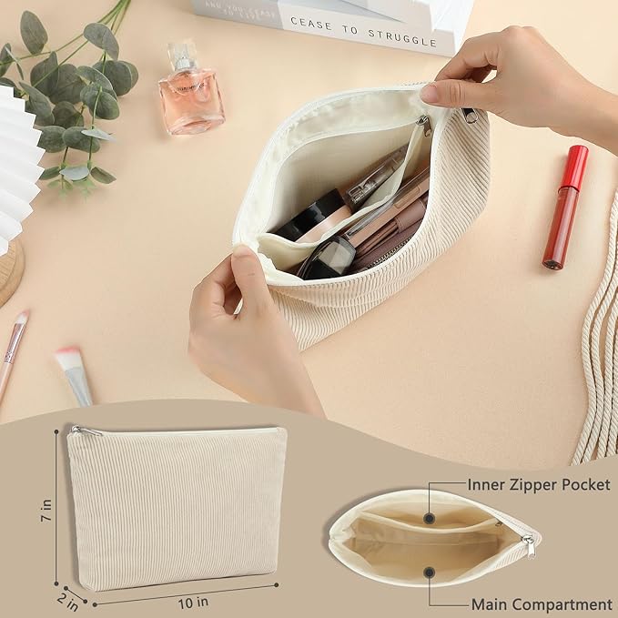 Corduroy Makeup Bag, Travel Cosmetic Bag Organizer Toiletry Bag Make Up Bags with Zipper & Compartments for Women Girls