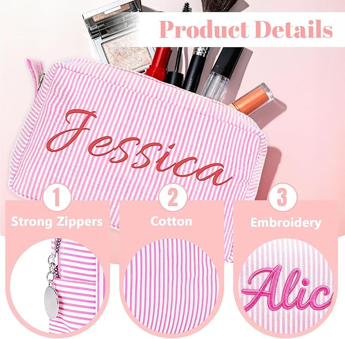Personalized Makeup Bag with Embroidered Name,Custom Travel Toiletry Stripe Cosmetic Bag, Wedding Gift for Bridesmaid/Women/Girl
