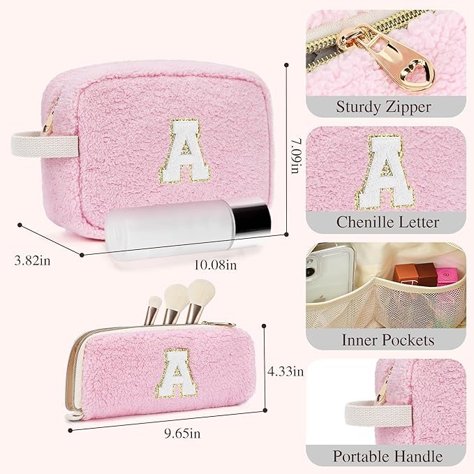 2PCS Makeup Bag with Initials, Christmas Day Gifts for Teen Girls Trendy Stuff, Personalized Cosmetic Travel Bag Pouch for Granddaughter, Cute Plush Make up Bags for Birthday - Pink P