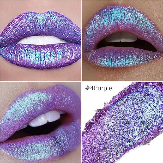 Purple Metallic Lipstick, Holographic Glitter Lip Stick for Women Makeup Long Lasting Lightweight Non-Sticky Hydrating Lip Tinted Full Coverage High-Shine Sparkling Shimmer Chameleon Lipstick