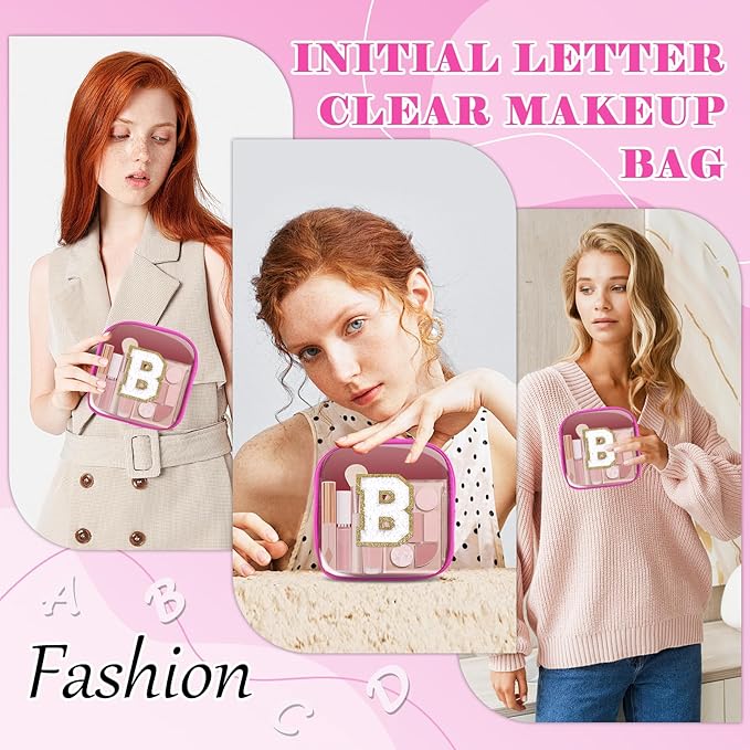 Personalized Initial Letter Clear Preppy Makeup Bag,Mini Nylon Chenille Letter Cosmetic Bag Cute Zipper Pouch Coin Purse for Teen Girls,Portable TSA Approved Travel Essentials Bag Gift for Women,B