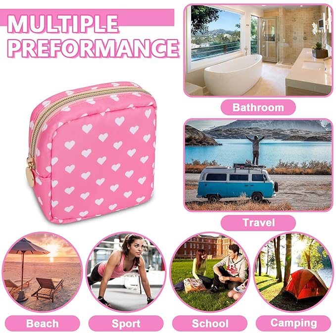 Mini Makeup Pouch for Purse， Small Cosmetic Bag Pouch Nylon Travel Toiletry Organizers for Women Girls, Cute Storage Zipper Pouch Coin Purse for School Work Camping(Mini-Pink Heart)