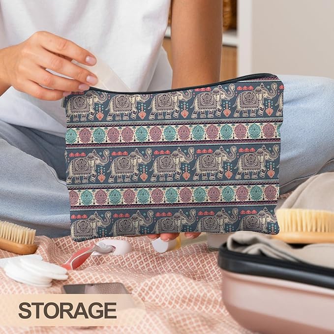 Bohemian Elephant Makeup Bag, Ethnic Indian Elephant Cosmetic Bags Toiletry Bag for Women, Elephant Gifts for Women, Boho Gifts for Women