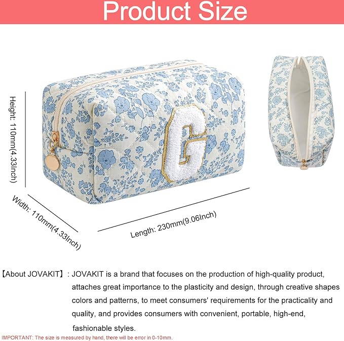 JOVAKIT Alphabet Makeup Bag Cosmetic Bag for Women, Christmas Gifts for Girls Age 6-18, Floral Flowers Coquette Travel Toiletry Zipper Make Up Pouch Organizer Trendy Stuff (Blue Floral G)