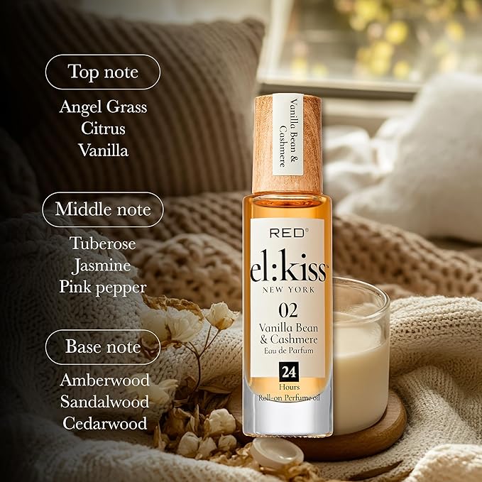 EL:KISS Roll On Perfume, Vanilla Bean & Cashmere Eau de Parfum 12mL (.40 Fl Oz), Hydrating & Long-Lasting, Alcohol-Free & Mineral Oil-Free, Infused with Jojoba, Argan & Coconut Oil