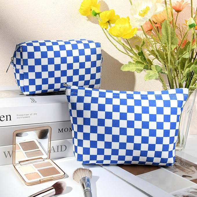 SOIDRAM 2 Pcs Checkered Makeup Bag Large Cosmetic Bag Toiletry Bag Makeup Pouch Travel Bag Organizer Cute Makeup Brushes Aesthetic Accessories Storage Bag for Women Royal Blue