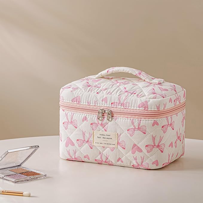 HBselect Quilted Makeup Bag, 3PCS Cotton Large Travel Makeup Bag, Cute Floral Coquette Make up Bag Cosmetic Bag Toiletry Bag for Women Girls