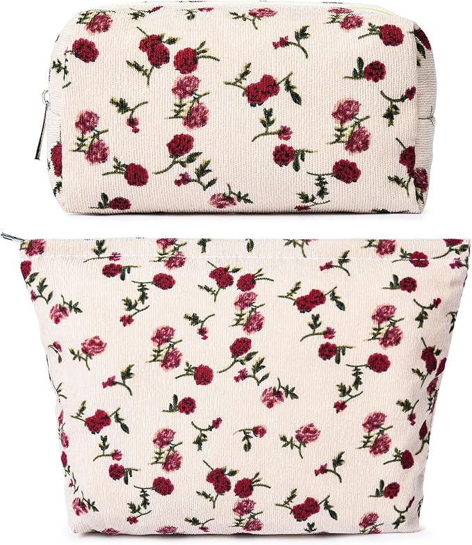 SOIDRAM 2 Pieces Rose Makeup Bag Large Corduroy Cosmetic Bag Capacity Canvas Mix Travel Toiletry Bag Organizer Cute Makeup Brushes Aesthetic Accessories Storage Bag for Women, Rose Mix White