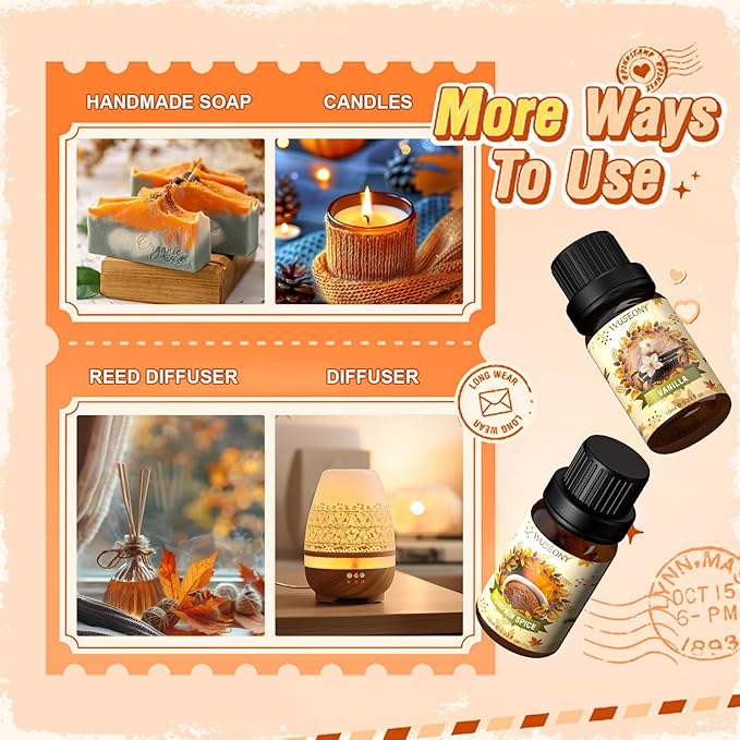 Fall Essential Oil for Diffusers, Autumn Fragrance Oil Set, Aromatherapy Oils Gift Set for Candle Soap Making - Apple Cider, Nutmeg, Snickerdoodle, Vanilla, Forest Pine, Pumpkin Spice, 6x10ml