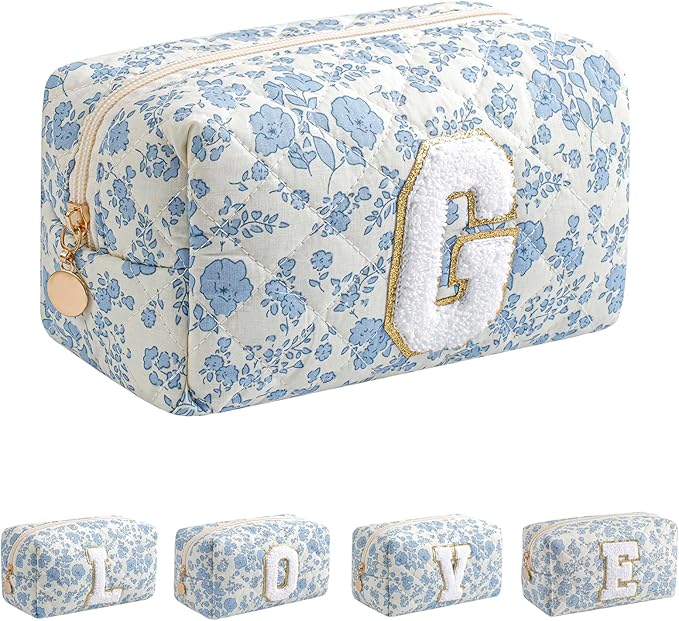 JOVAKIT Alphabet Makeup Bag Cosmetic Bag for Women, Christmas Gifts for Girls Age 6-18, Floral Flowers Coquette Travel Toiletry Zipper Make Up Pouch Organizer Trendy Stuff (Blue Floral G)